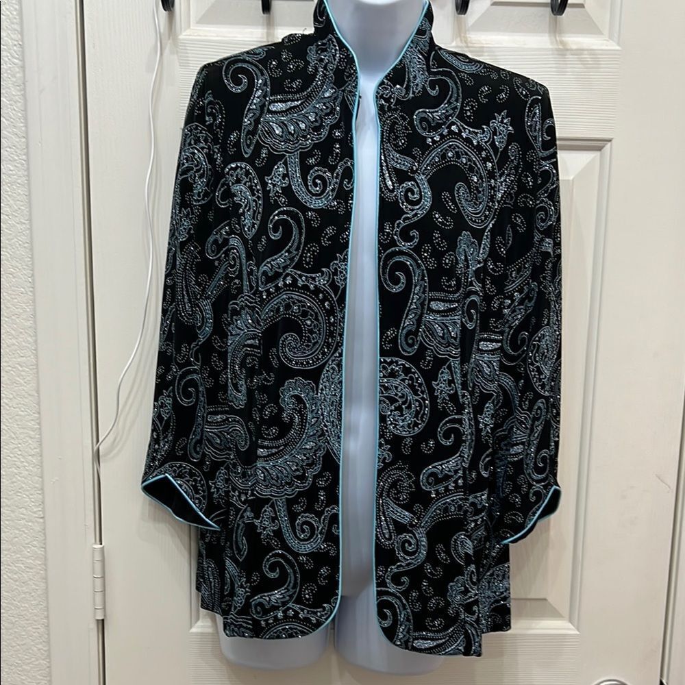 Alex Evenings Black Blue Piping Diamond Sparkling Paisley Women’s Jacket Large